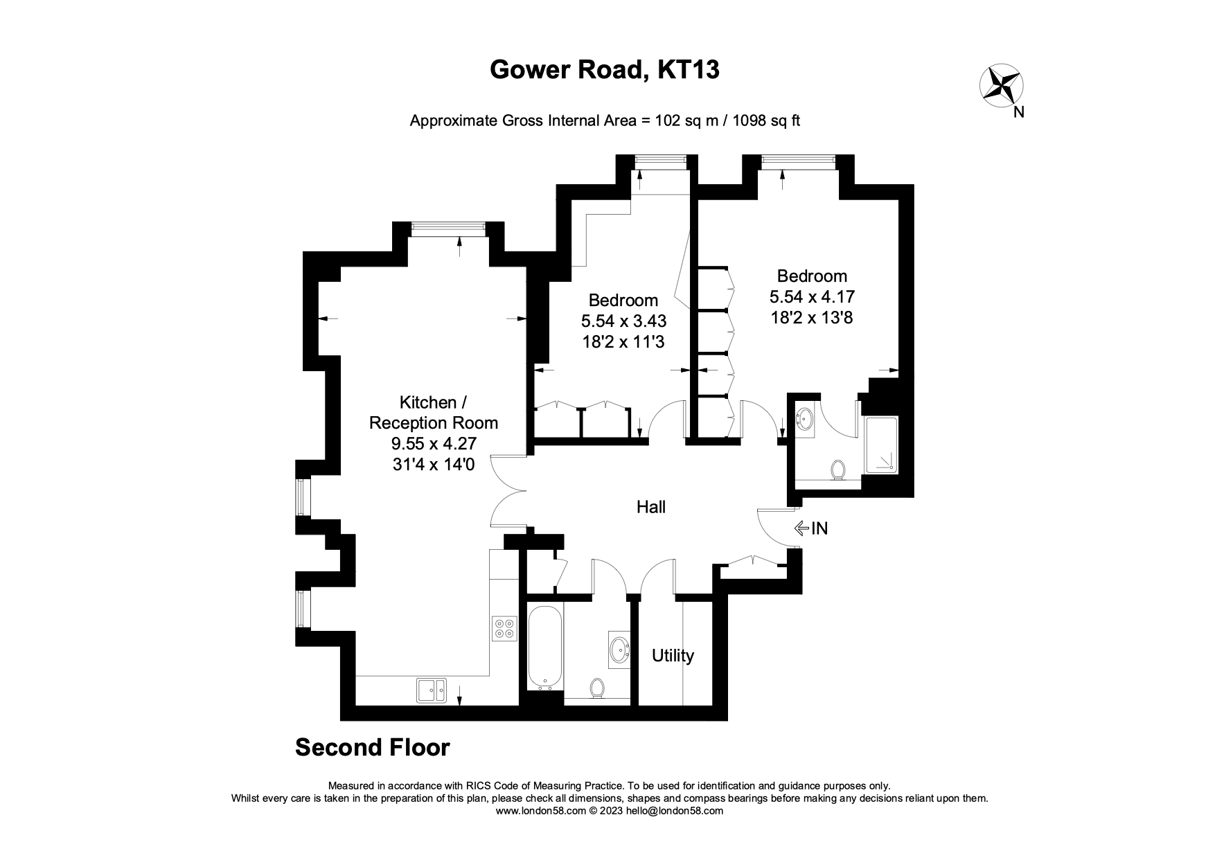 2 bedroom property for sale in Gower Road, Weybridge, Surrey, KT13